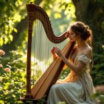 Voyage au cœur des instruments oubliés de la musique médiévale une-harpiste-medievale-jouant-gracieusement-dans-un-environnement-verdoyant-vetue-dune-robe-fluide-avec-la-lumiere-naturelle-filtrant-a-travers-les-arbres-creant-une-atmosphere-enchanteresse