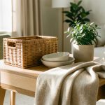 Cadeau d’emménagement pour une femme : choisir un présent qui servira vraiment Sélection de cadeaux utiles pour l’emménagement, disposés sur une table en bois dans un intérieur lumineux et chaleureux.