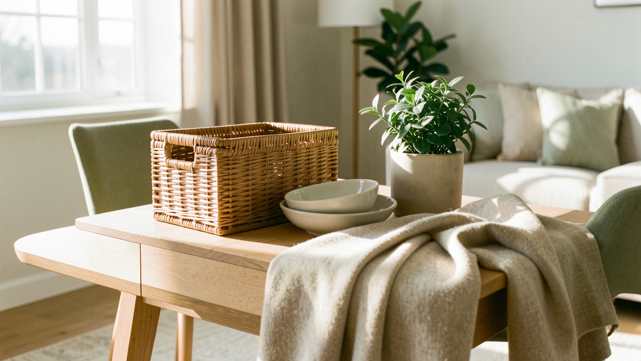Sélection de cadeaux utiles pour l’emménagement, disposés sur une table en bois dans un intérieur lumineux et chaleureux.