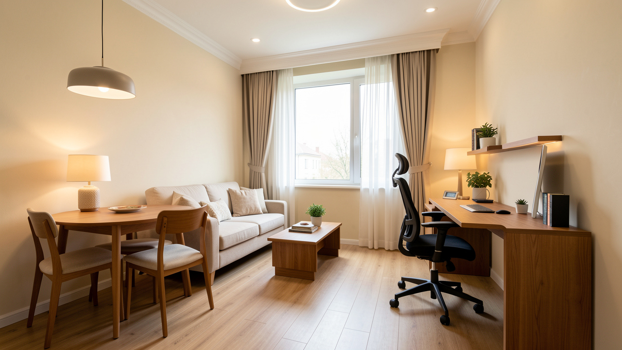 Petit salon lumineux aménagé avec un espace salle à manger et un coin bureau fonctionnel.