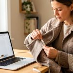 Acheter des vêtements de seconde main en ligne sans se tromper Une femme examine attentivement une veste de seconde main près d’un ordinateur portable, avec un mètre ruban et une interface visuelle de vêtements sans texte lisible.