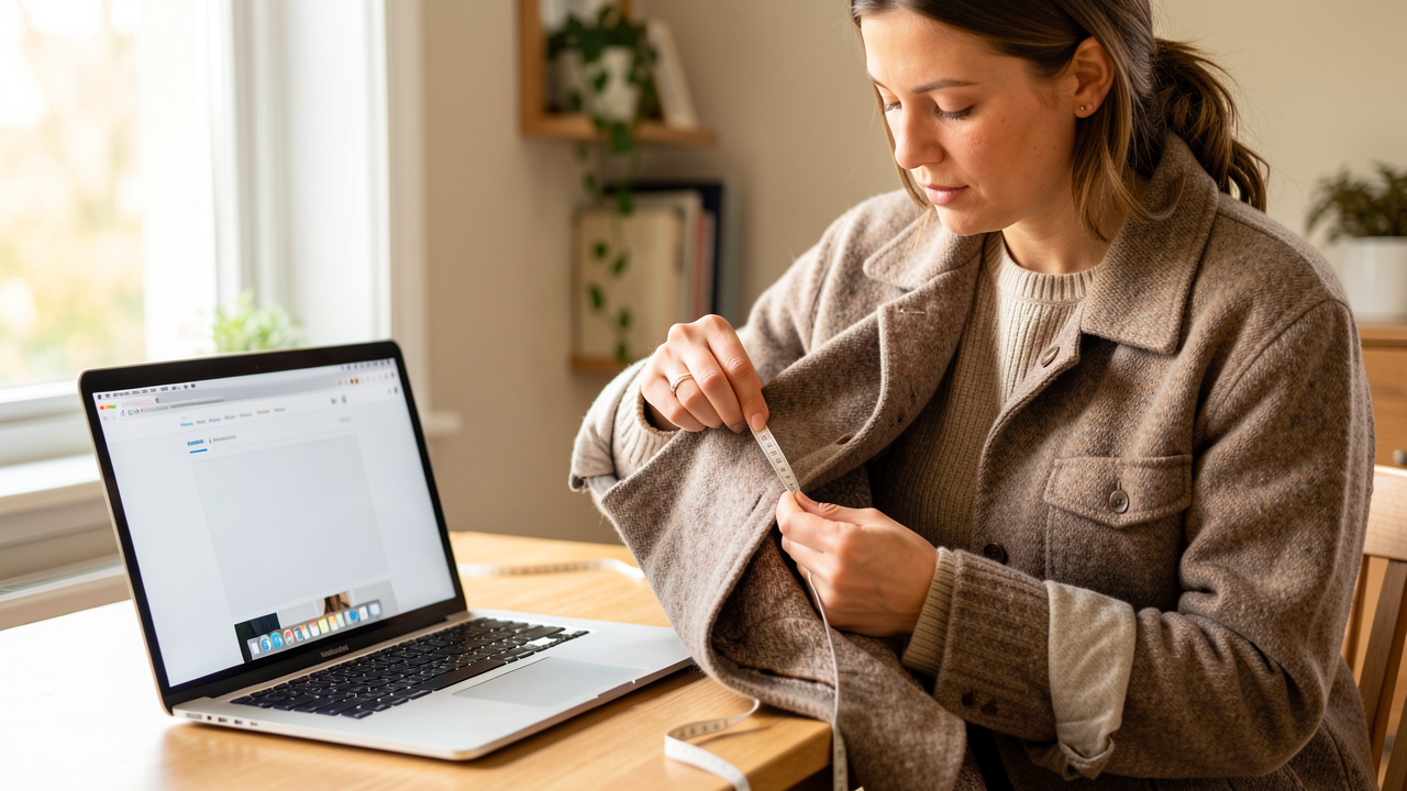 Une femme examine attentivement une veste de seconde main près d’un ordinateur portable, avec un mètre ruban et une interface visuelle de vêtements sans texte lisible.