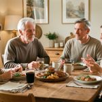 Comment éviter une dispute politique en famille ? Une famille de plusieurs générations échange calmement autour d’un repas, dans une atmosphère chaleureuse et respectueuse.