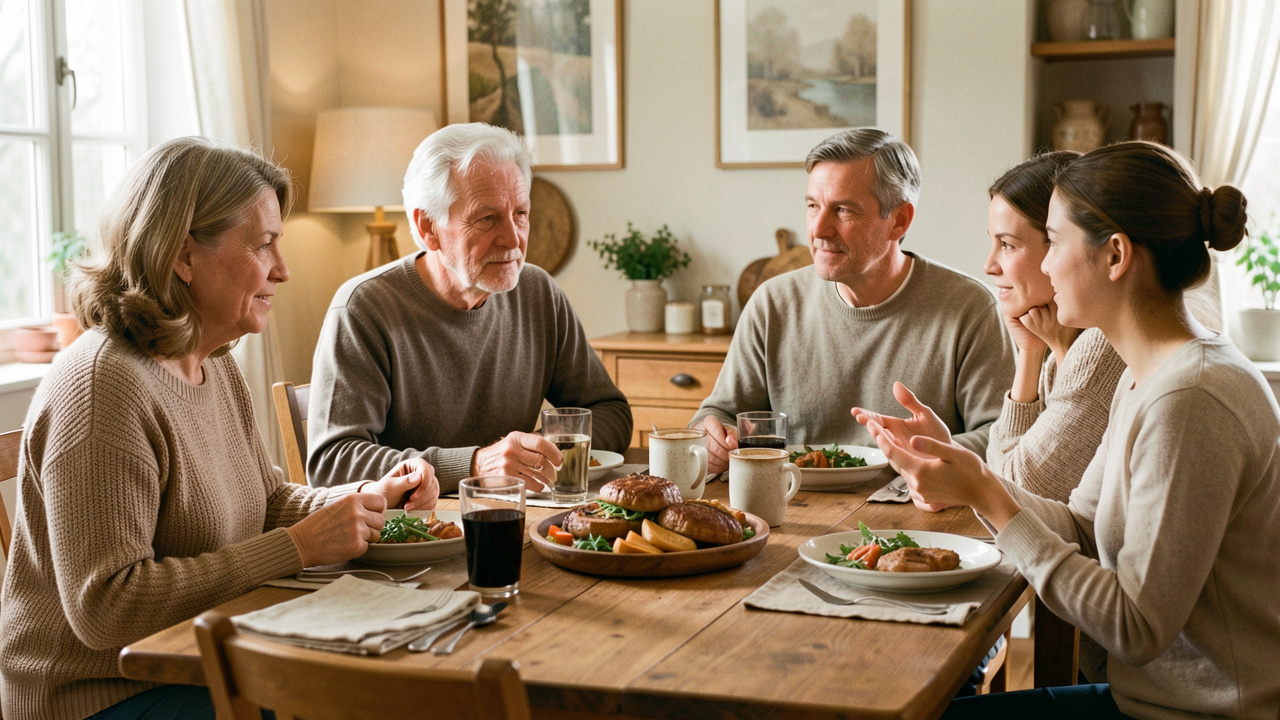 Une famille de plusieurs générations échange calmement autour d’un repas, dans une atmosphère chaleureuse et respectueuse.
