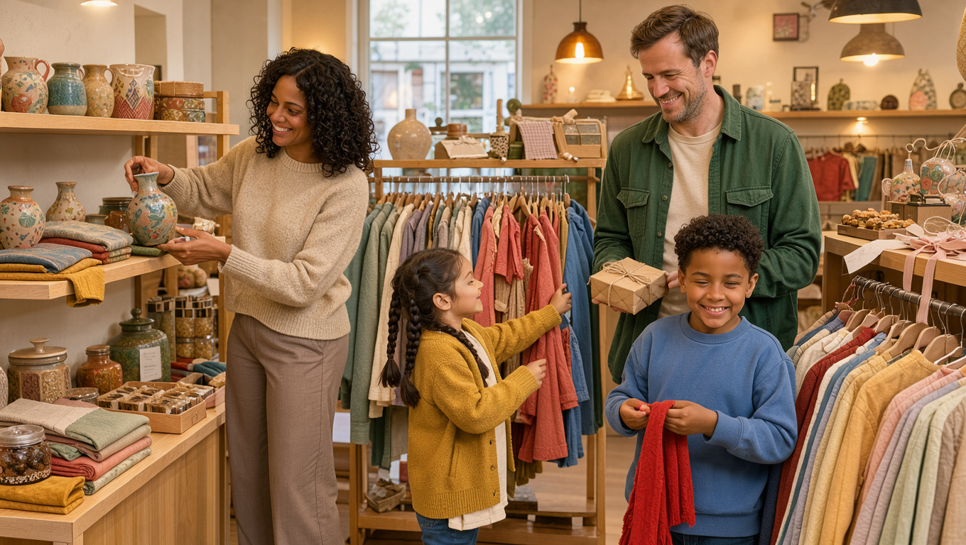 Une famille avec un homme, une femme, un garçon et une fille découvre une boutique chaleureuse remplie de vêtements colorés, d’objets décoratifs, de cadeaux et de gourmandises disposés sur des étagères en bois clair.