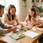 Quels loisirs choisir face à la funflation pour votre famille ? Une famille de quatre personnes compare des idées de sorties autour d’une table lumineuse avec des billets de musée vierges, des jeux de société et un calendrier sans inscriptions.