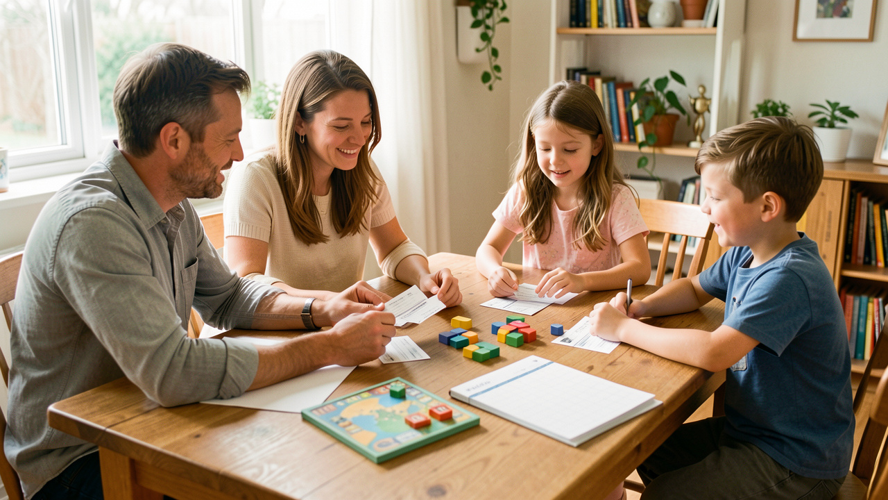 Une famille de quatre personnes compare des idées de sorties autour d’une table lumineuse avec des billets de musée vierges, des jeux de société et un calendrier sans inscriptions.