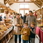 Pourquoi le Cul noir, les chocolats et bijoux font aimer le salon d’Ussel, et en profiter Une famille découvre avec enthousiasme les stands gourmands de producteurs locaux dans un salon chaleureux à Ussel, éclairé par une belle lumière naturelle.