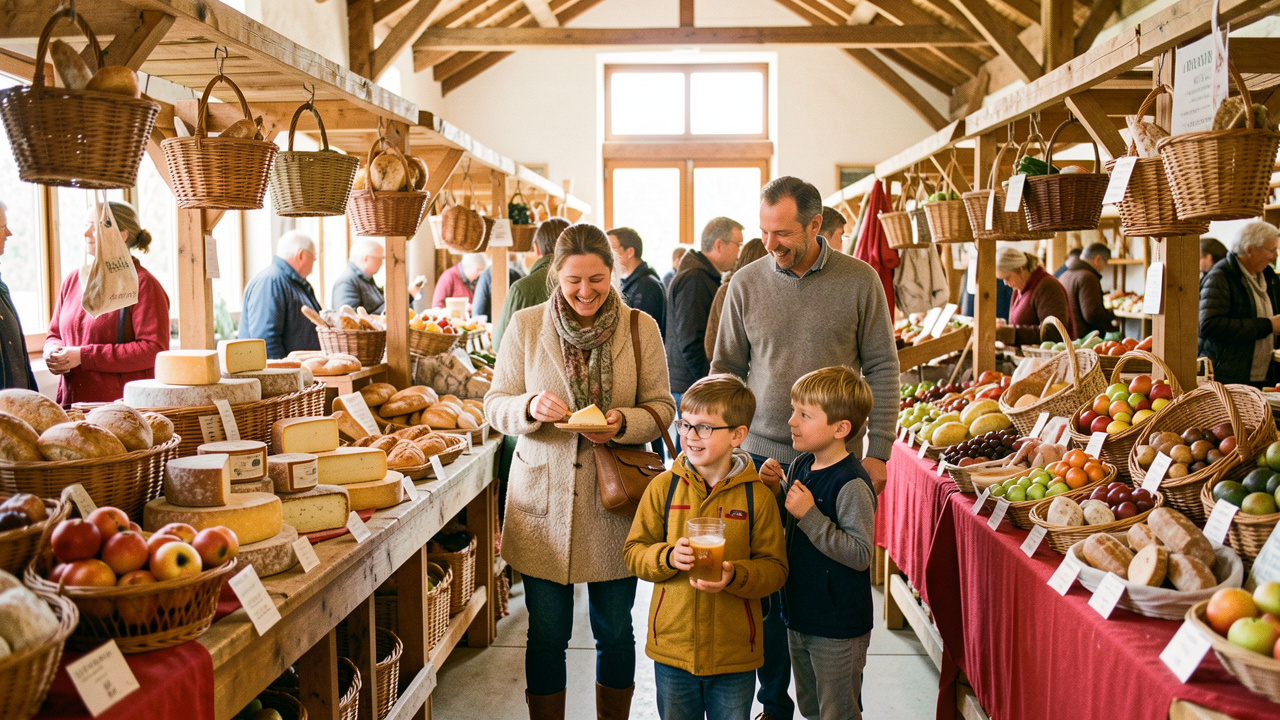Une famille découvre avec enthousiasme les stands gourmands de producteurs locaux dans un salon chaleureux à Ussel, éclairé par une belle lumière naturelle.
