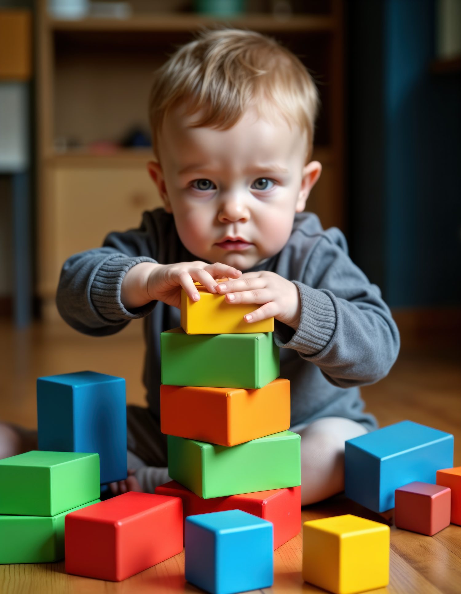 Un enfant de 2 ans empile des cubes colorés sur un tapis de jeu.